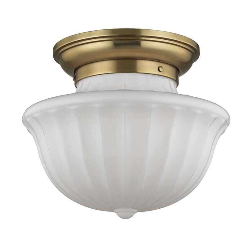 Shown in Aged Brass finish and White glass